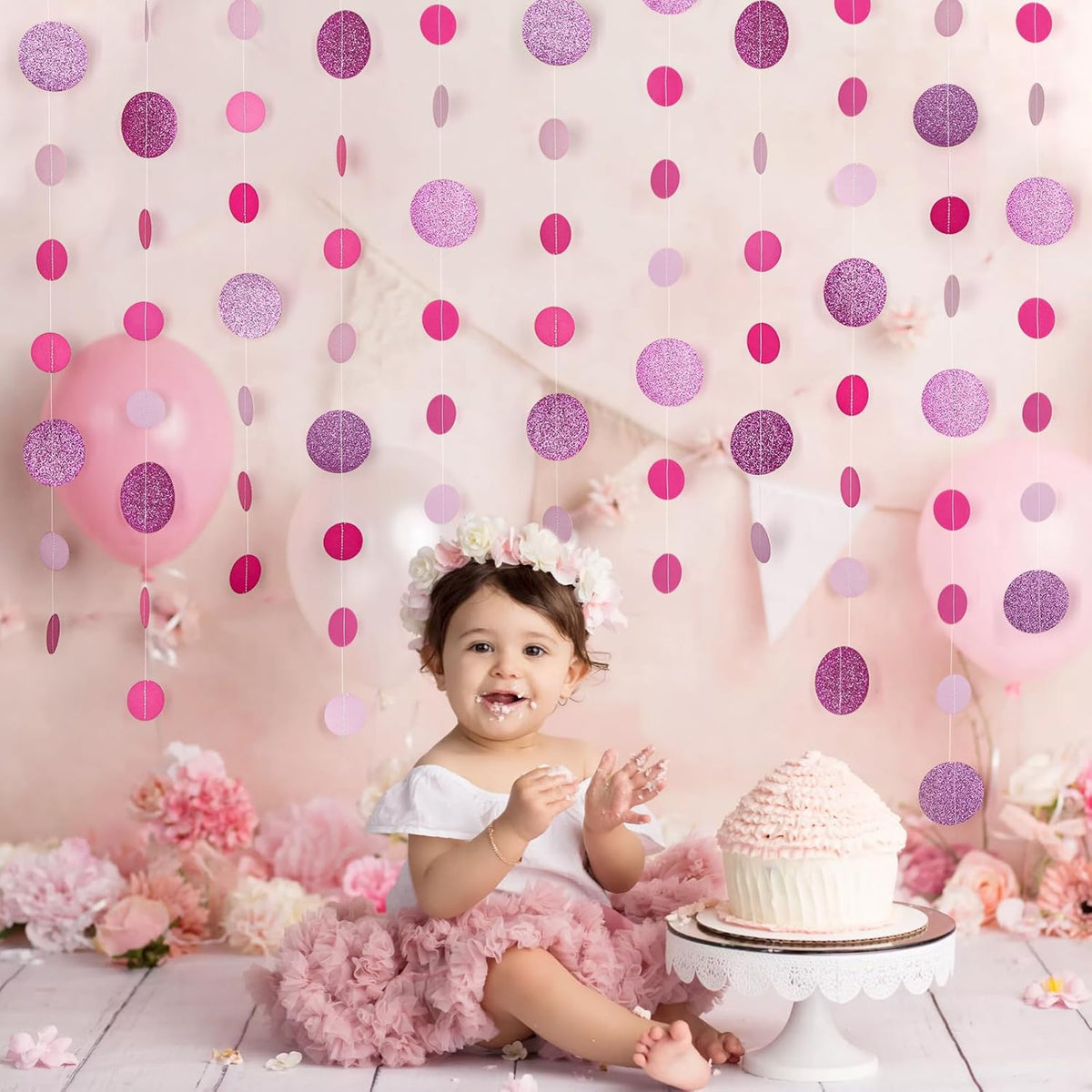 8 Pack Pink Glitter Dot Garland, Hanging Circle Streamers Banner, Backdrop Hanging Decorations for
