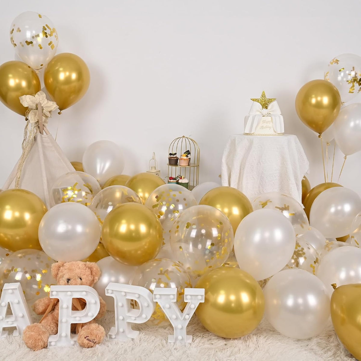 Balloons White and Gold, 60 Packs 12 Inch Metallic Gold Balloons Pearl White Latex Balloon Gold