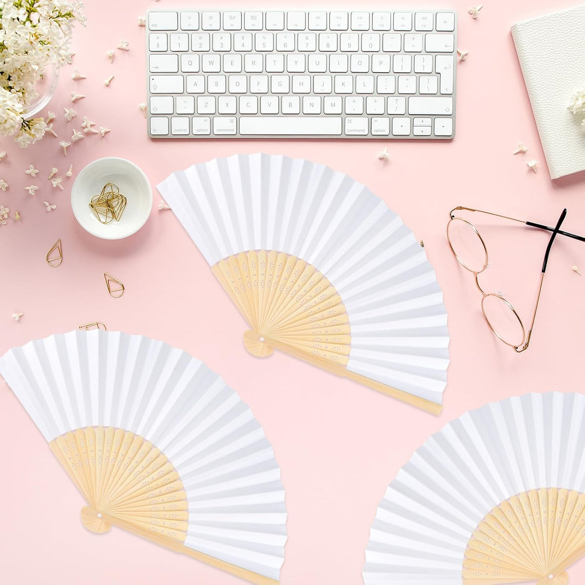 12 Pieces White Hand Held Bamboo Folding Fans Paper Fans Handheld for Women Foldable Girls Wedding