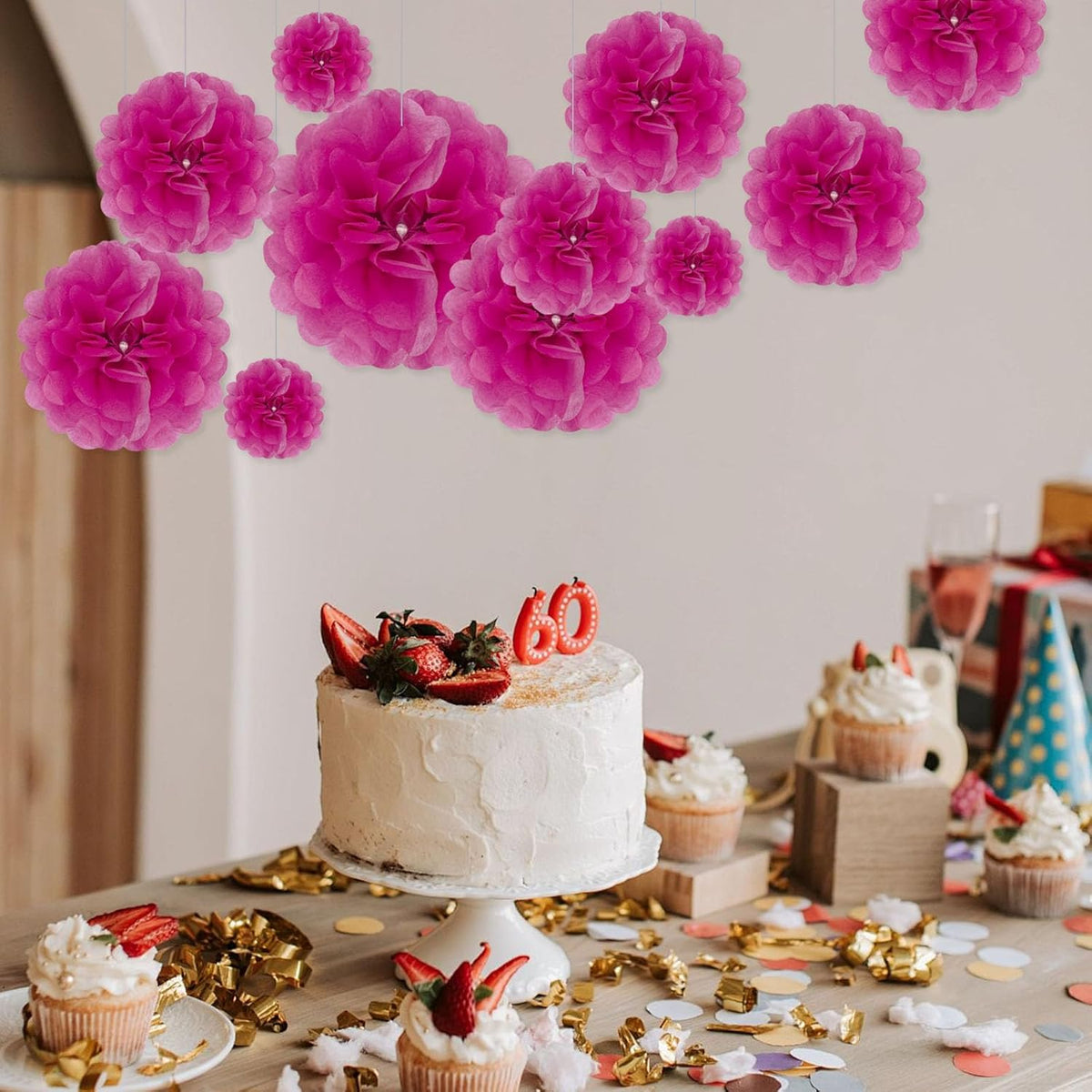 Tissue Paper Pom Poms, Fuchsia Tissue Paper Flowers, Hanging Flower Balls for Weddings Fiesta