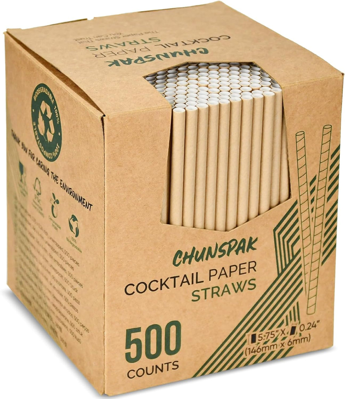 [500 Counts] Chunspak 5.75 inch Disposable Brown Kraft Short Paper Cocktail Straws & Stirring