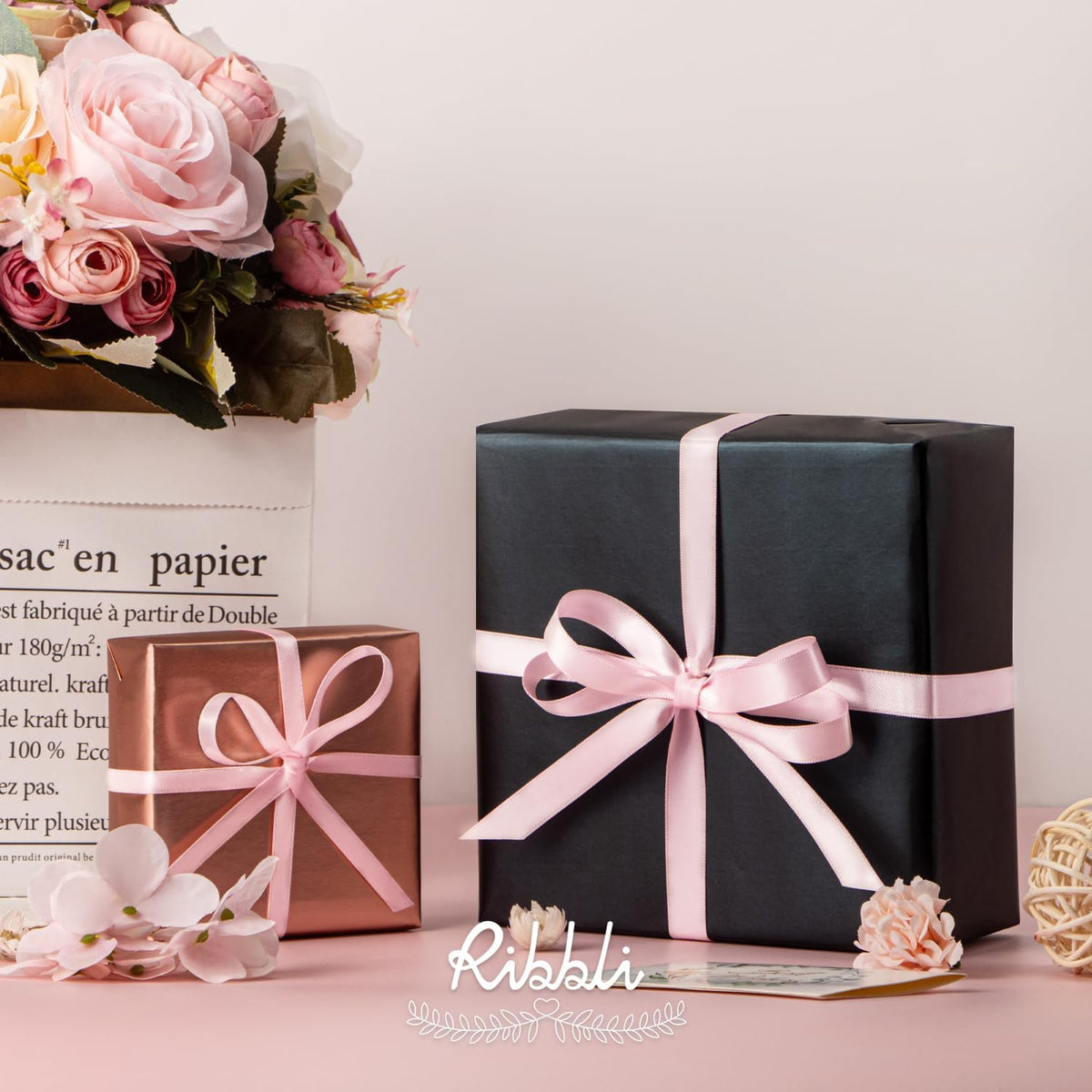 Ribbli Double Faced Light Pink Satin Ribbon,1/2” x Continuous 25 Yards,Use for Bows Bouquet,Gift