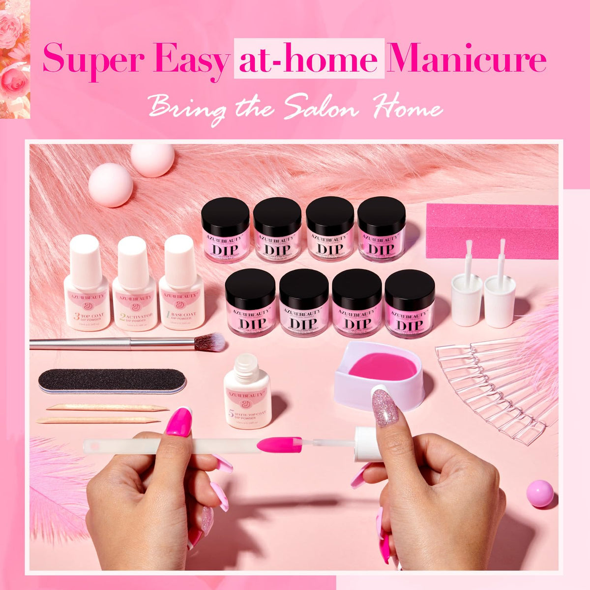 AZUREBEAUTY Dip Powder Nail Starter Kit with Matte Coat, 8 Hot Pink Glitter Neon Summer Color
