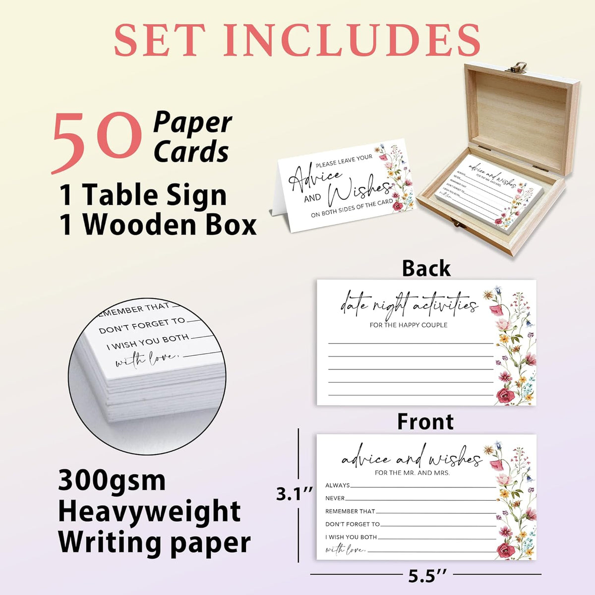 Wildflower Advice and Wishes for the Mr and Mrs - 50 Packs Wedding Advice Cards Bridal Shower Game