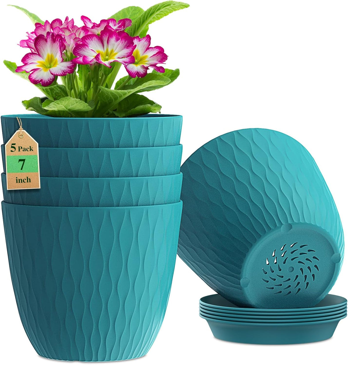 7 inch Flower Pots, 5 Pack Plant Pots with Drainage Holes and Saucers for Indoor Plants, Plastic