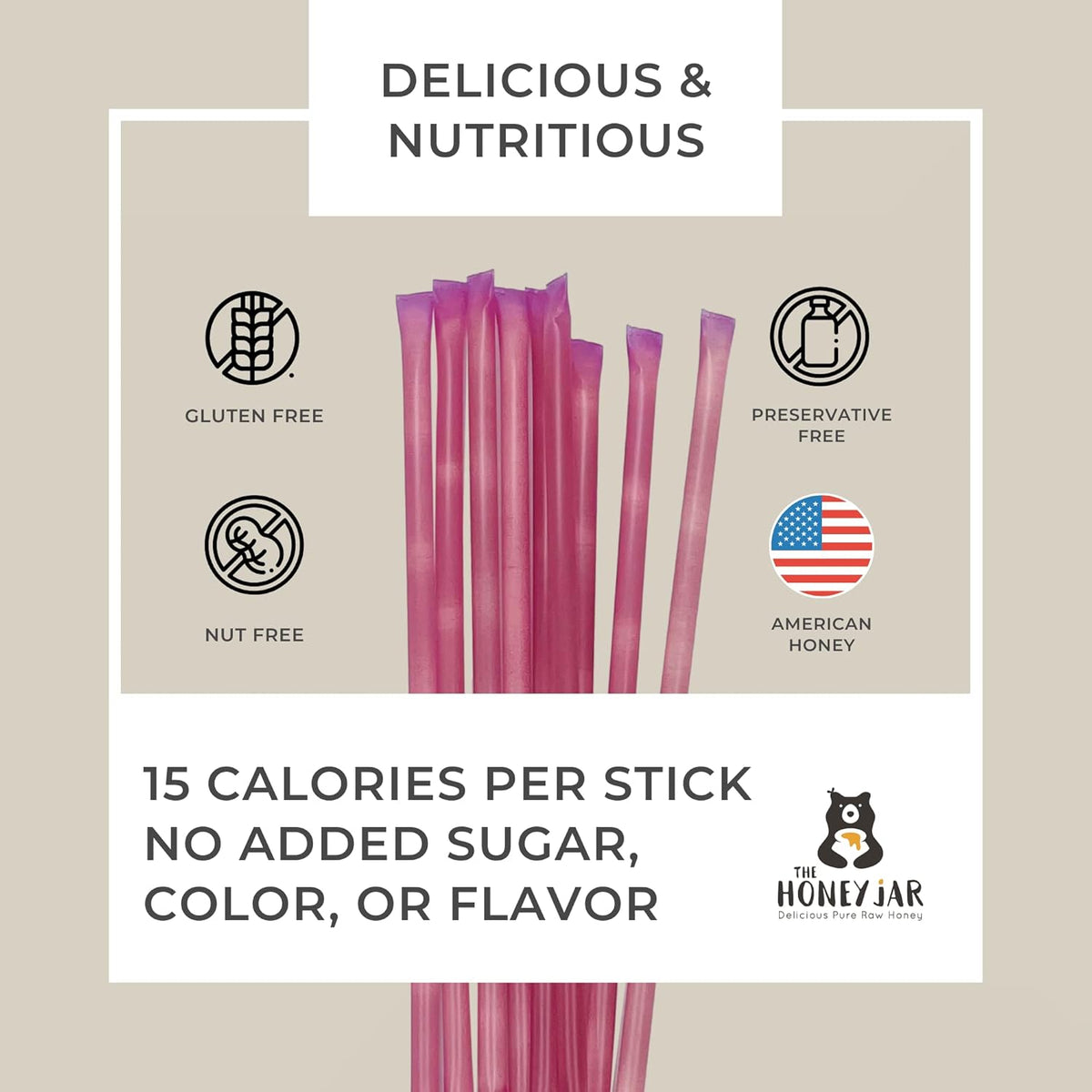 The Honey Jar Raspberry Flavored Honey Sticks - Pure Honey Straws For Tea, Coffee, or a Healthy