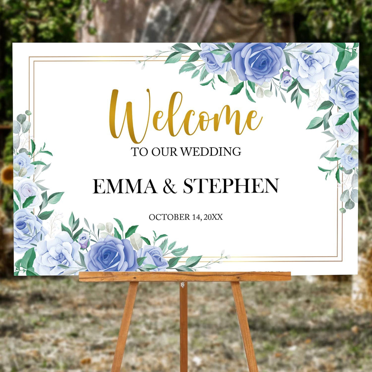 Dusty Blue and Gold Wedding Welcome Sign Template, Printable Landscape Welcome Sign with Blue White