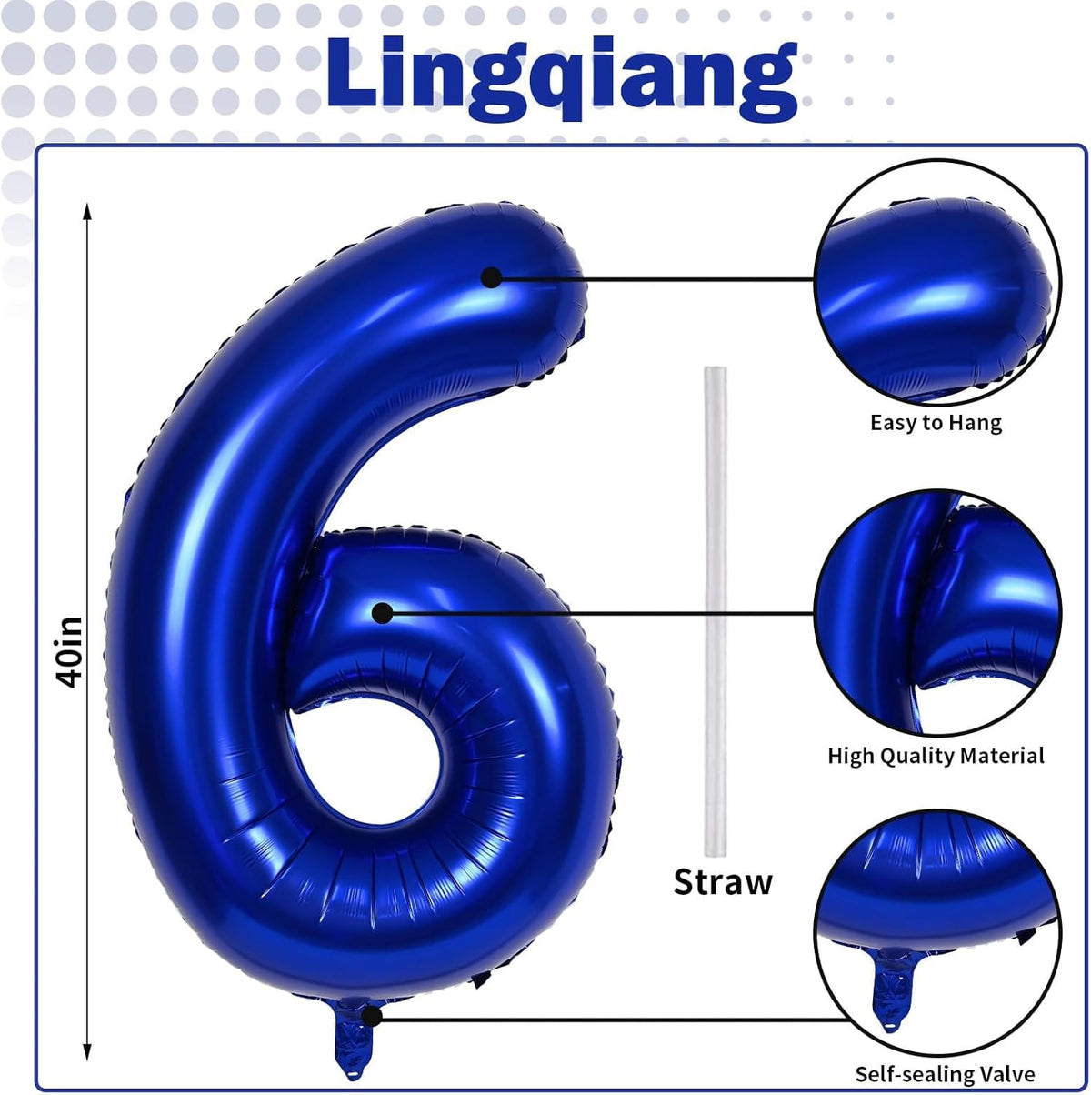 Navy Blue Number 6 Balloon, 40In Large Royal Blue Foil Number Balloons Set 0-9 for Men, Self