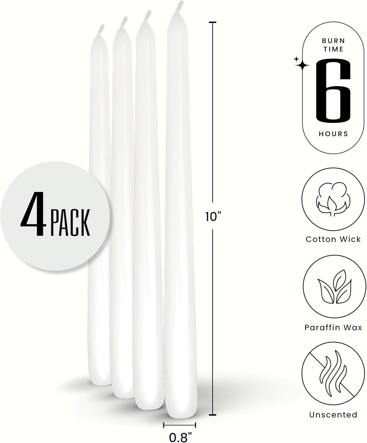 Leor & Lair White Taper Candles - 4 Pack 10" White Candlesticks - Unscented Long Burning Candle