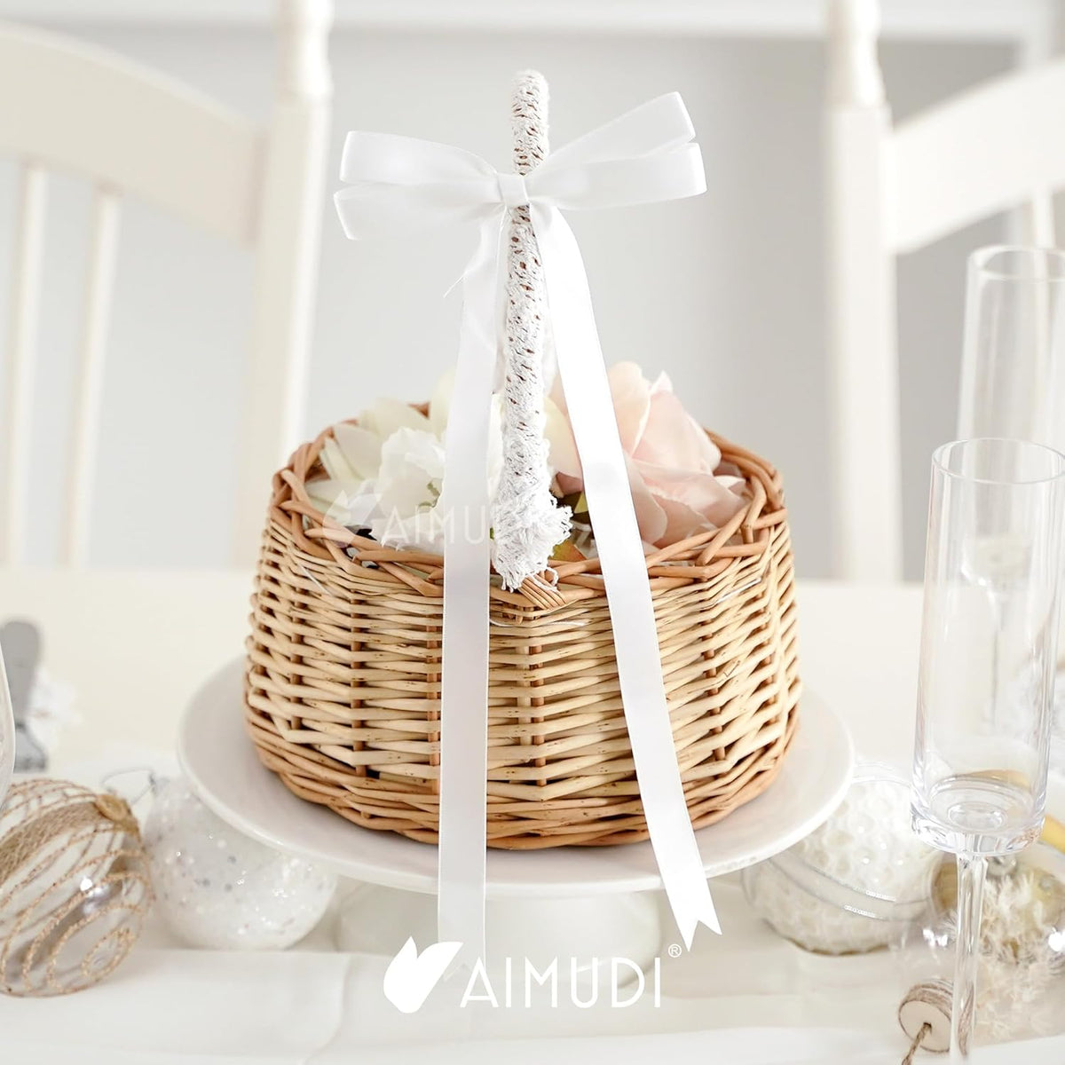 AIMUDI White Bows 5 × 10" Satin Bows for Gift Wrapping Twist Tie Bows Premade Ribbon Bows for