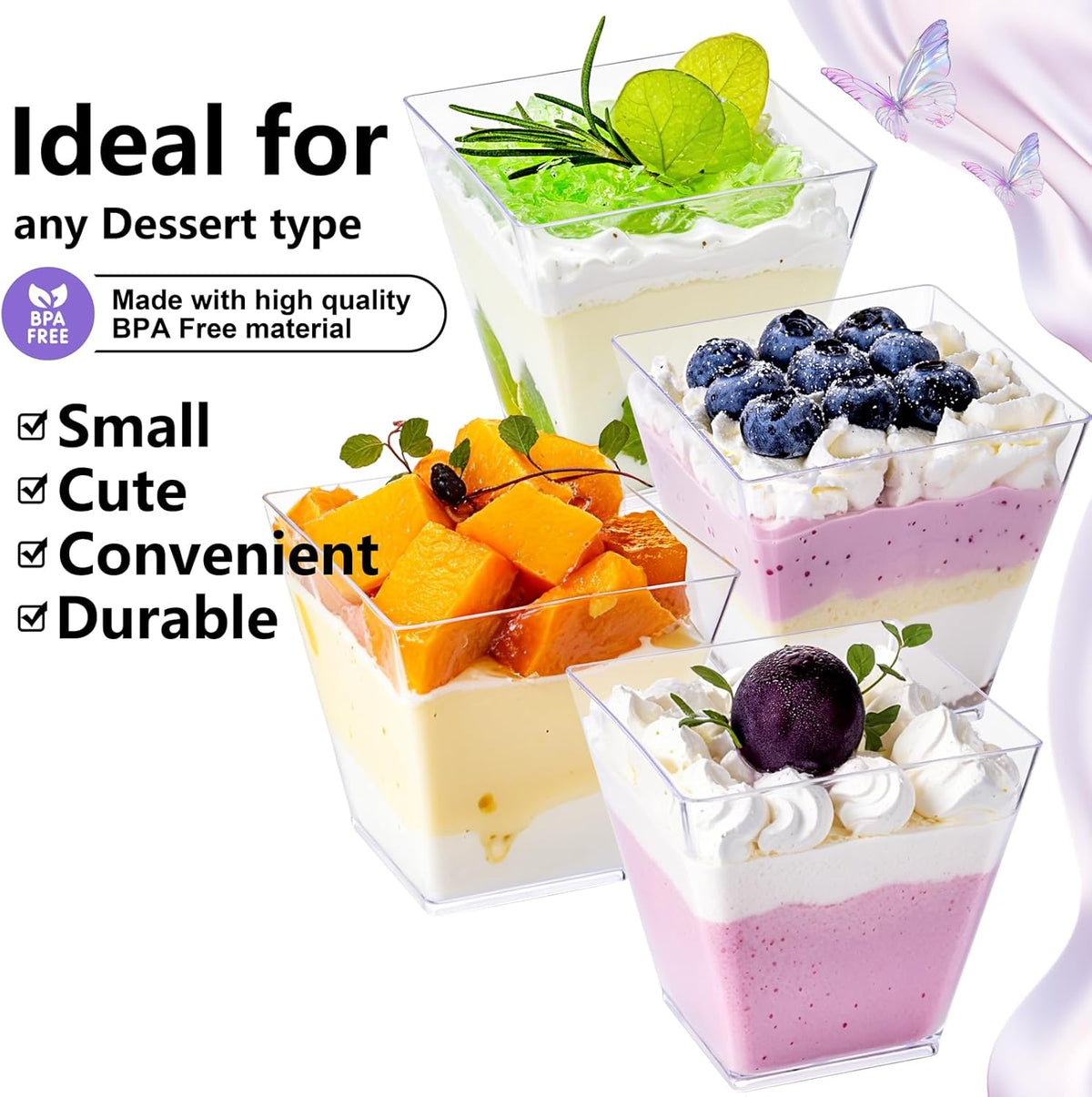 YOUBET 102 PCS Plastic Dessert Cups - 8oz Clear Square Cups - 51 Pack Mini Appetizer Cup with