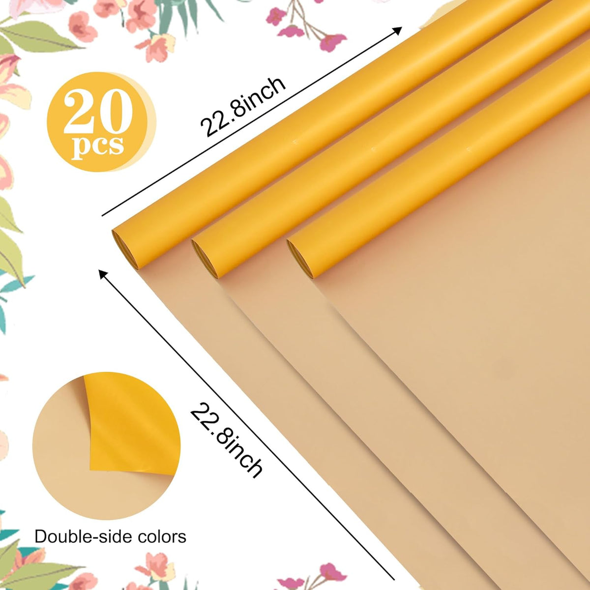 BEISHIDA 20Pcs Gold and Kahki Double Sided Floral Wrapping Paper Matte Waterproof Flower Bouquet