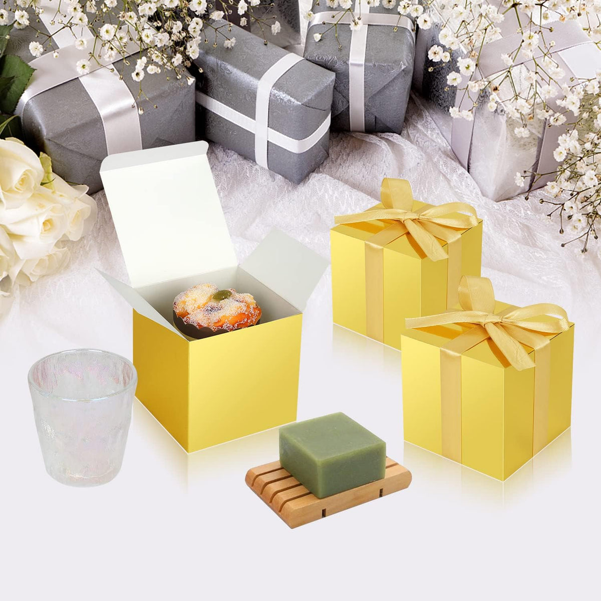 100 Pack Small Gift Boxes, 4x4x4 Inches Favor Boxes Gold Paper Gift Boxes with Lids for Presents
