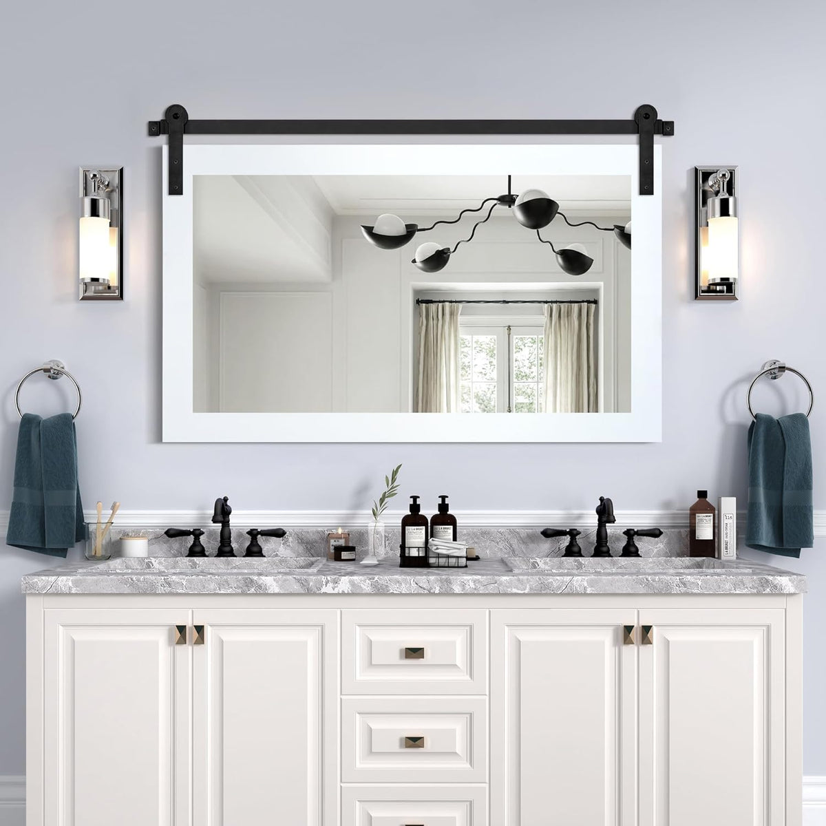 COGOOD Farmhouse Bathroom Mirror - 41" x 30" Rustic Barn Door Mirror for Living Room, Entryway