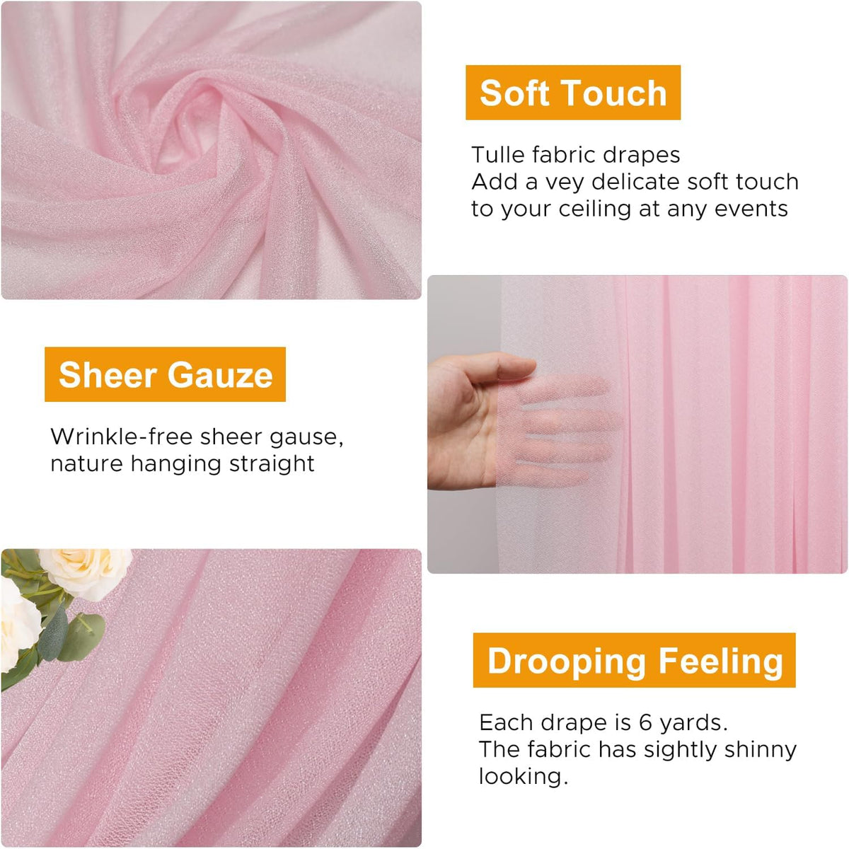 Wedding Arch Draping Fabric 4 Panels 28.7" x 20FT Blush Pink Sheer Chiffon Backdrop Drapes for