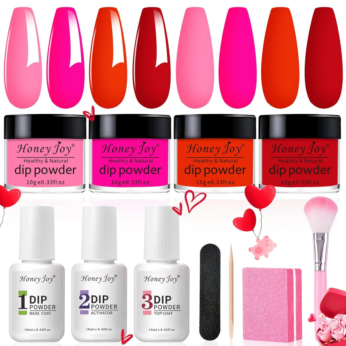 Honey Joy Dip Powder Nail Kit Starter, 4 Colors Dark Red Hot Pink Fine Dipping Powder Liquid Set