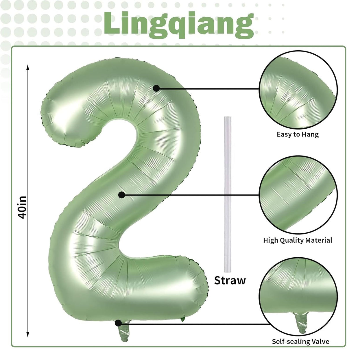 40" Balloon Number 2 Sage Green, Large Foil Number Balloons Set 0-9, Olive Green 2 Helium Balloons