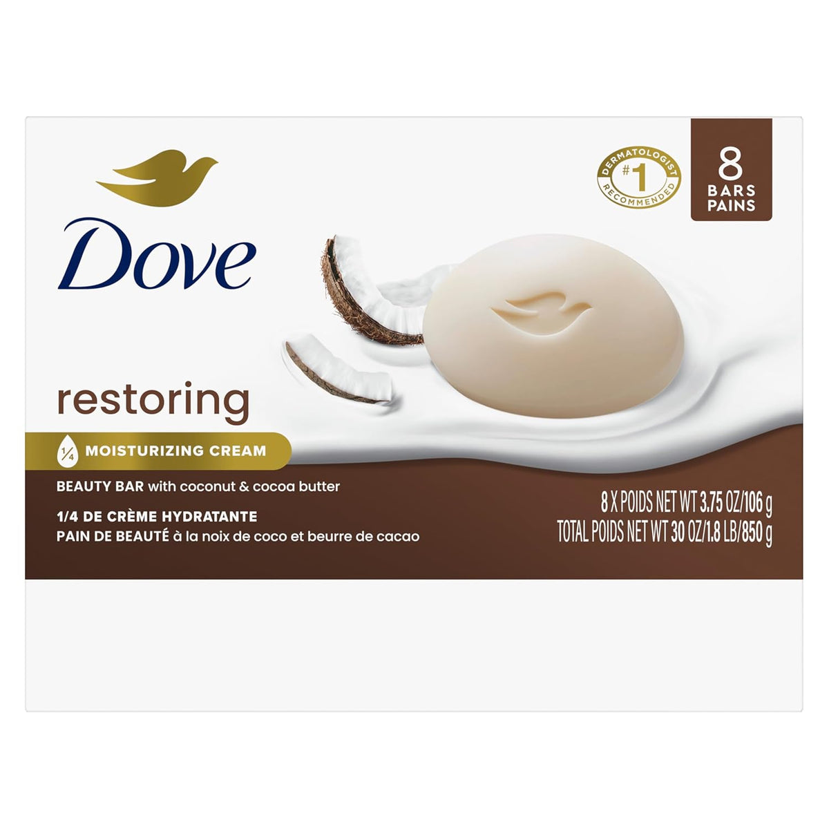 Dove Beauty Bar Soap Restoring Coconut & Cocoa Butter, 8 Bars for Restored Skin, Nourishes Skin
