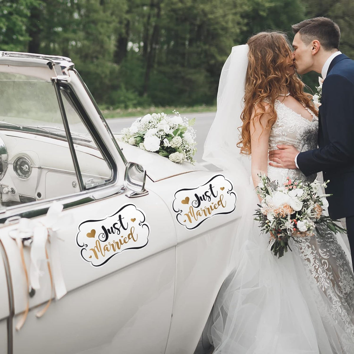Tallew 4 Sets Just Married Car Decorations Ornate Magnets 12 x 7.5, Wedding Day Car Window Decals