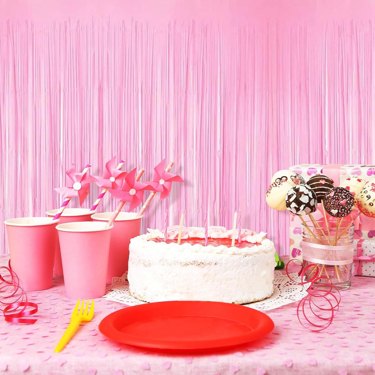 10 Pack Pink Foil Curtain Backdrop 3.2ft x 8.2ft Macaron Tinsel Foil Fringe Curtains Streamer Photo