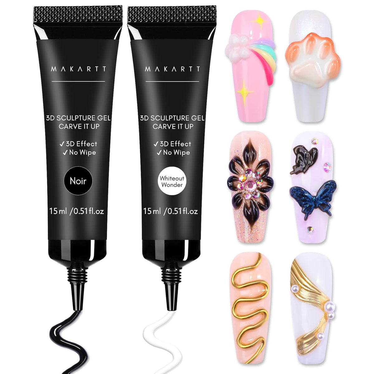 Makartt 3D Gel Nail Art: White and Black Sculpting Candy Molding Gel No Wipe Craving Embossed Gel