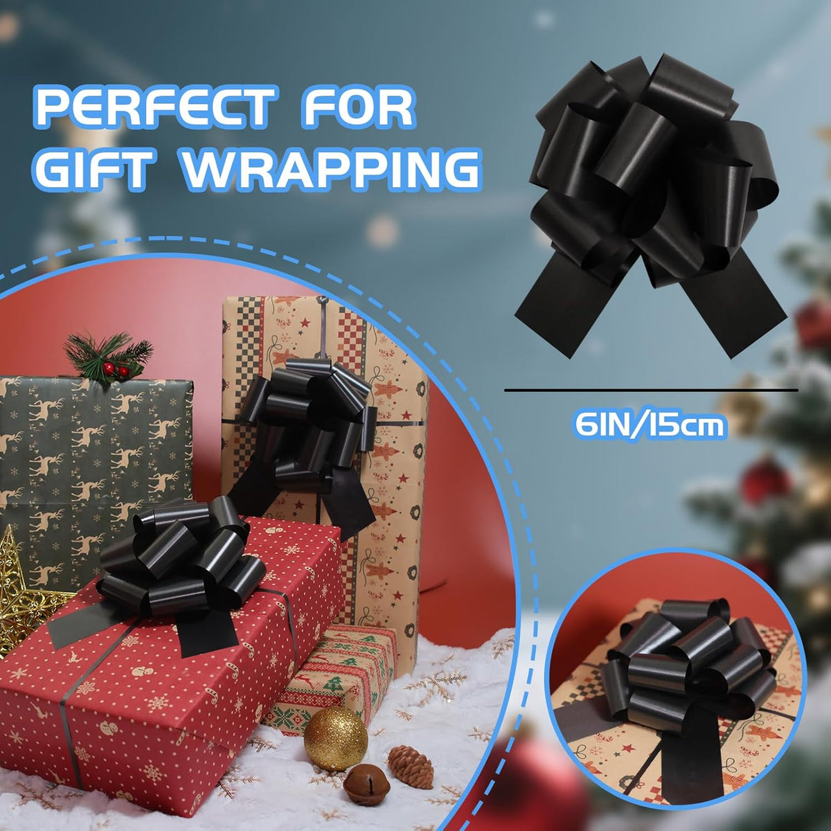6 Pcs 6 Inch Black Pull Bows, Perfect for Gift Wrapping, Gift Wrapping Baskets Wedding Christmas