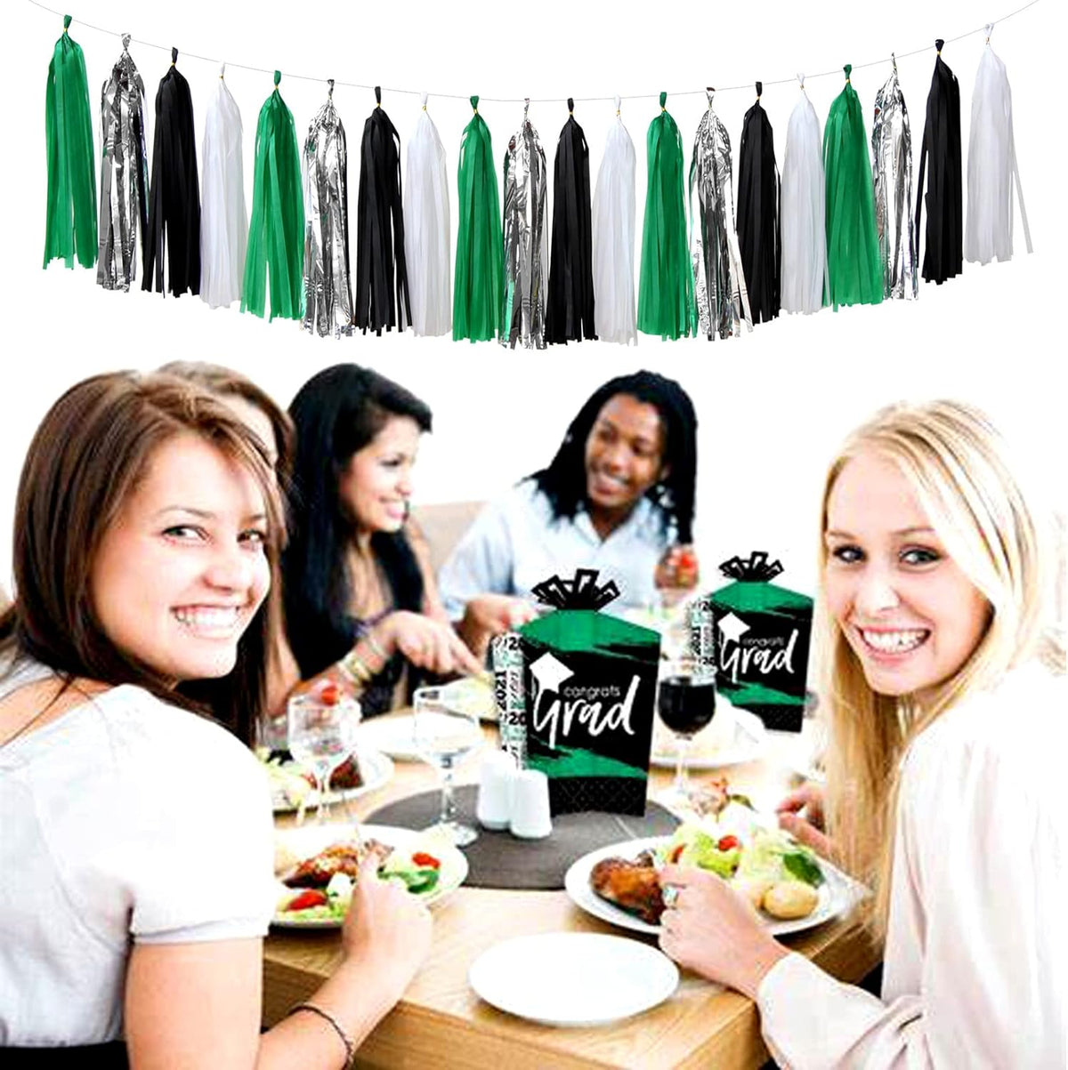 Black Green Silver Football Party-Decorations - 30pcs Soccer Graduation Streamers,Tissue Pom