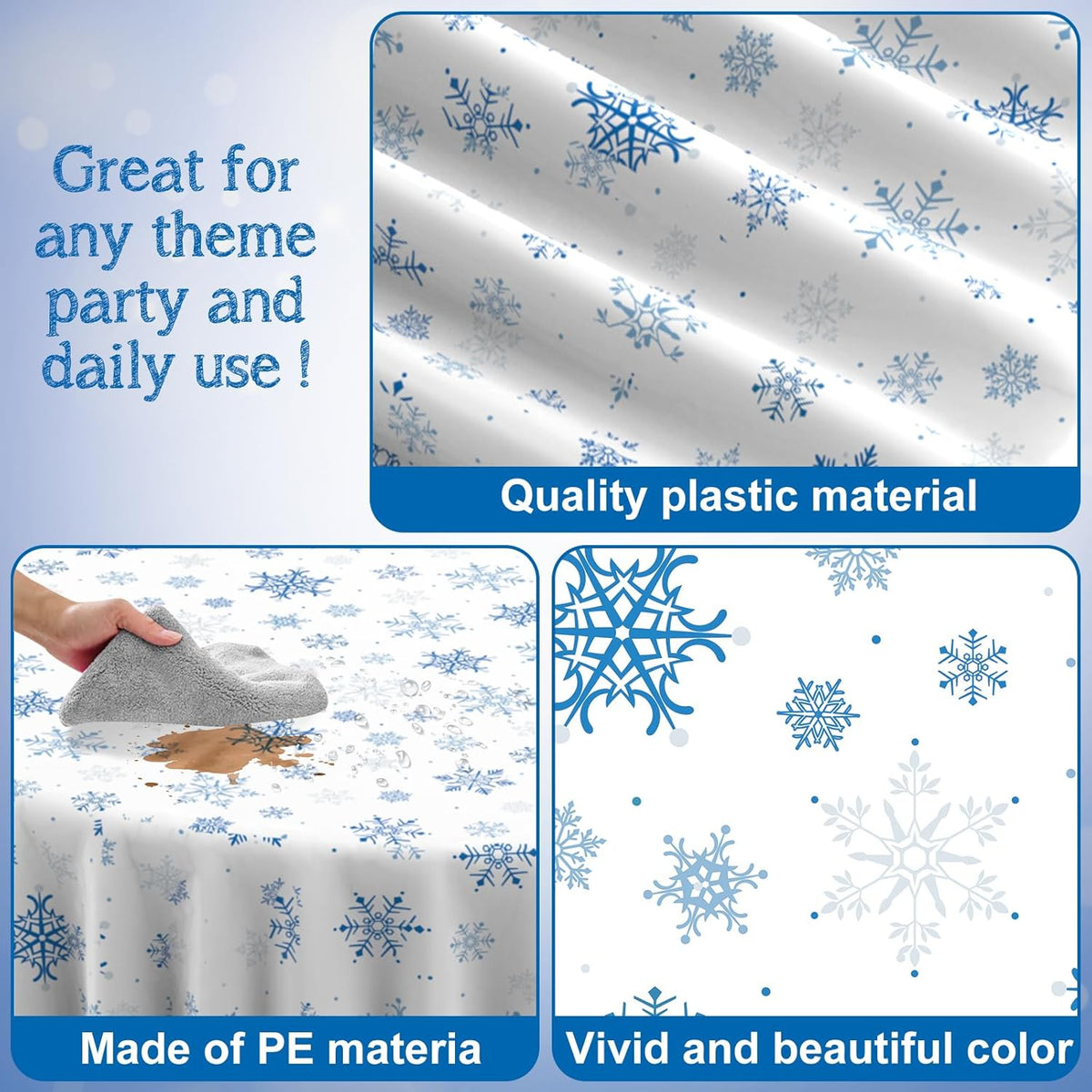 3 Pieces Christmas Snowflake Plastic Party Tablecloth Decorations,Disposable Blue Snowflake White