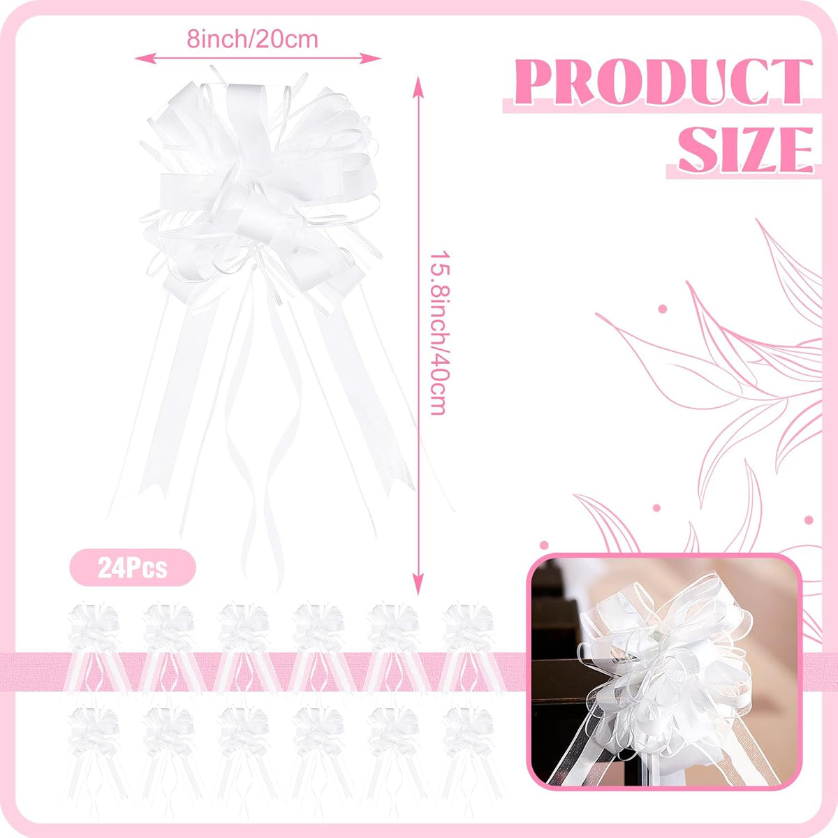 Riceshoot 24 Pcs Wedding Pew Bows with Yarn, Wedding Aisle Decorations for Church Chair Bench, Big