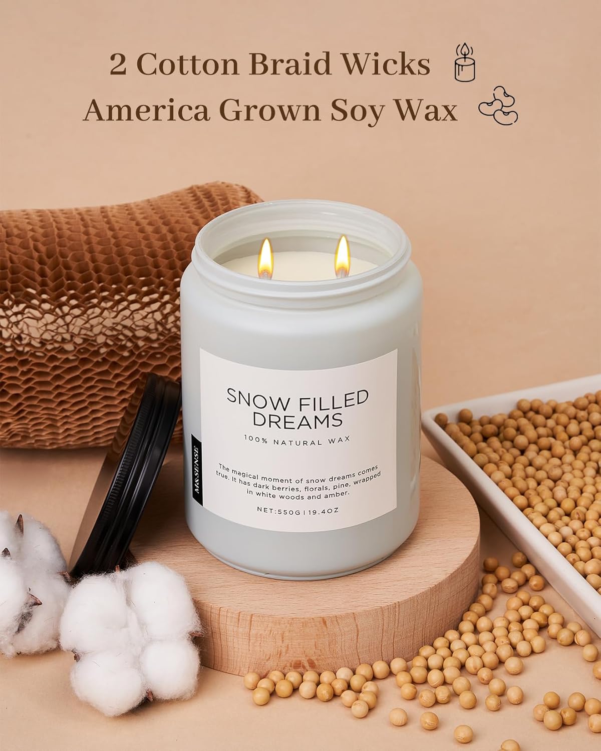 M&SENSE Snow Filled Dreams - Jasmine & Pine Large Scented Candles, 19.4oz 110 Hour Clean Non Toxic