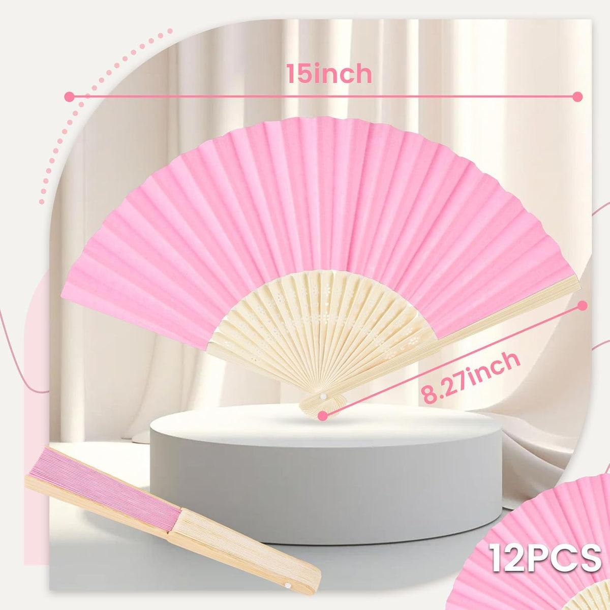 JOHOUSE 12 PCS Paper Folding Hand Fans, 8.3 Inch Pink Paper Fans Handheld Portable for Wedding
