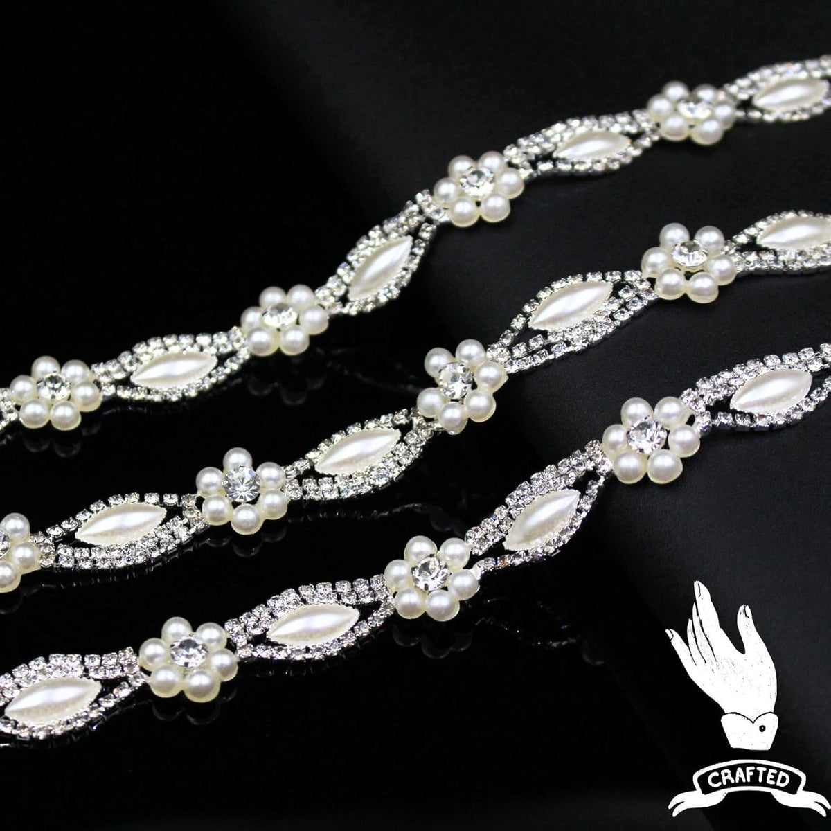 1 Yard Pearl Rhinestone Trim Chain Silver String Crystal Applique Fringe Ribbon Strips Beads Sewing
