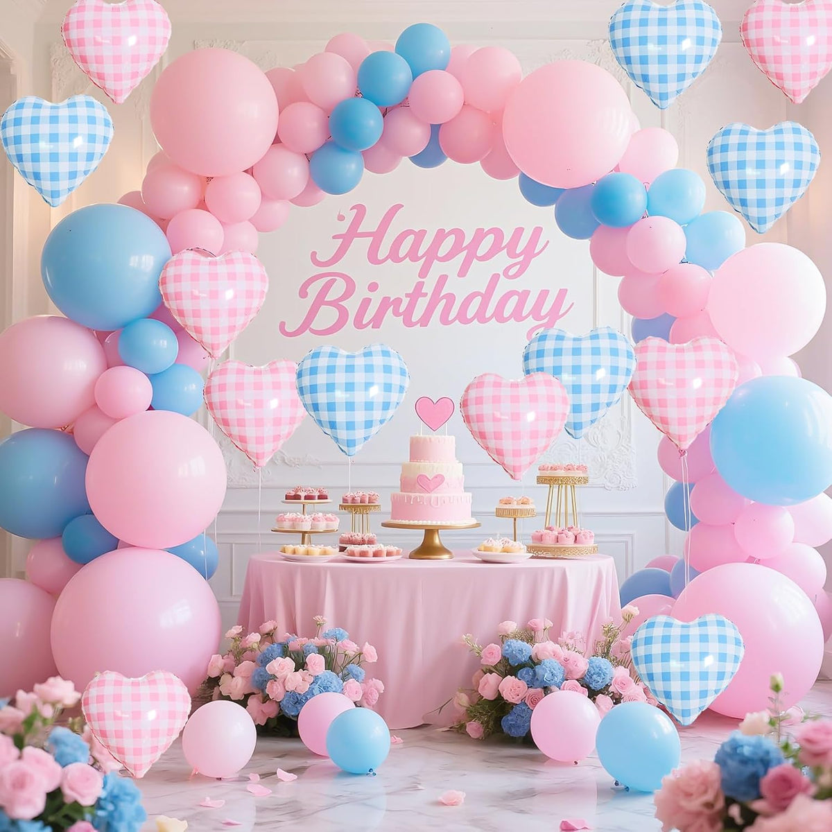 Pink Blue Checkered Heart Balloons,12Pcs 18Inch Blue Pink Grid Heart Shaped Foil Helium Polyester