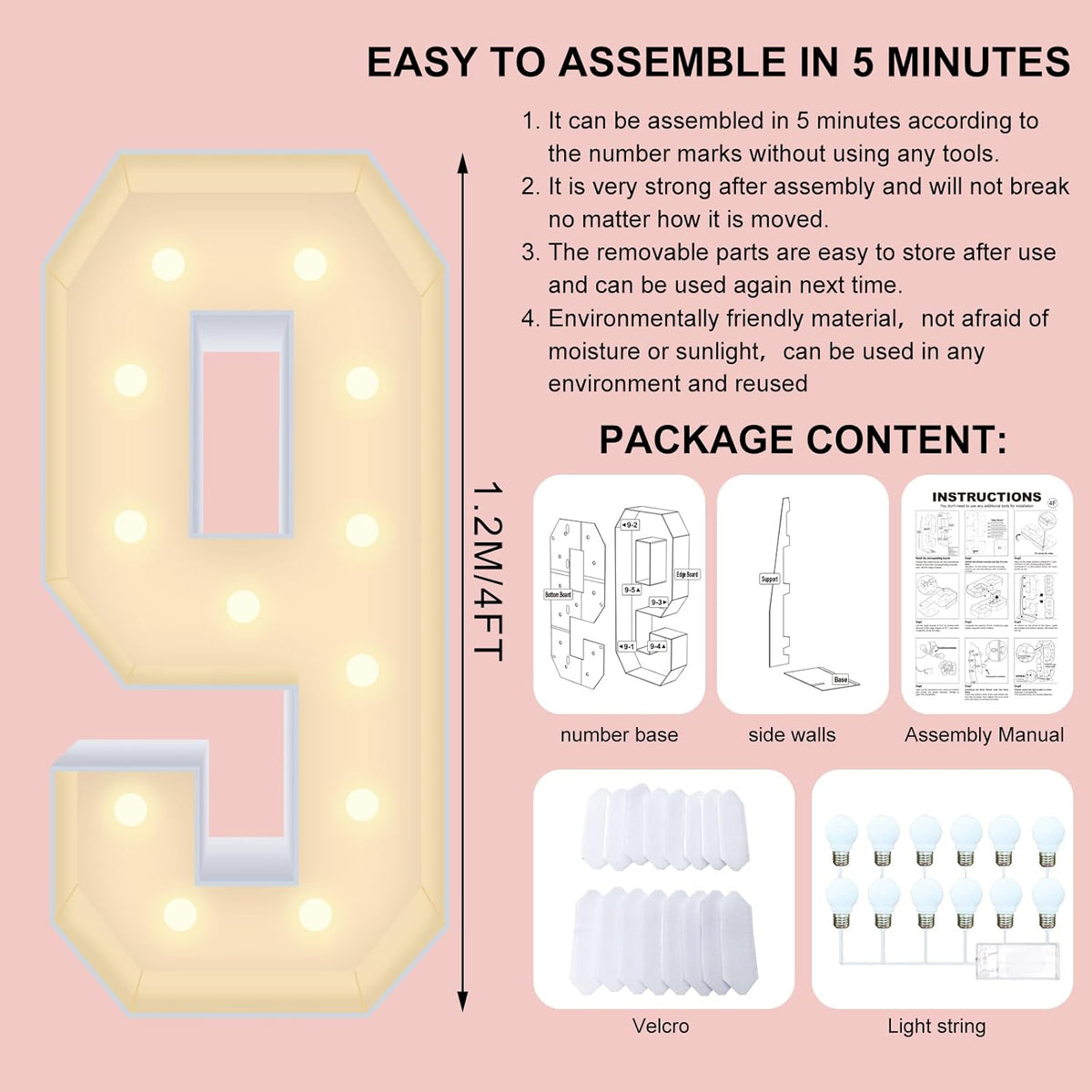 4FT Plastic Marquee Numbers 9 - Light up Numbers Are Made from Corrugated Plastic Board - Quick