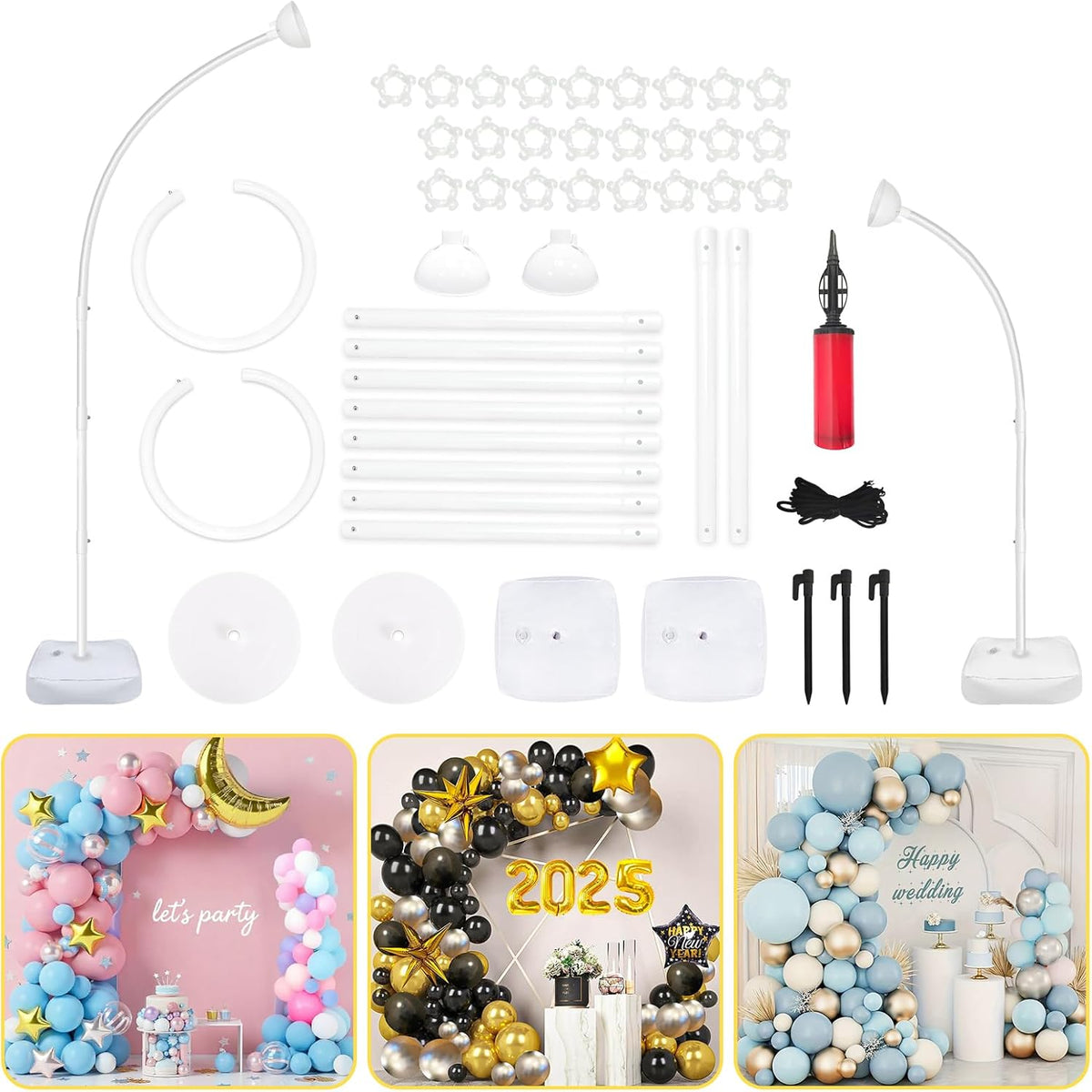8FT & 6FT Balloon Arch Stand, Flexible Top Balloon Arch Kit, Half Arch Balloon Stand with Base for