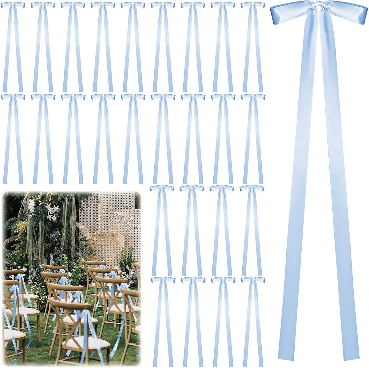 24 Pcs Large Wedding Blue Ribbon Bows for Wedding Chairs Decorative Ribbon Sashes for Pew Back