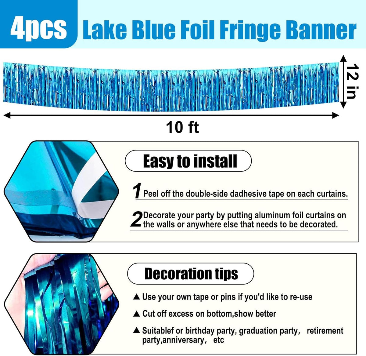 4 Pack 10 Feet Lake Blue Foil Fringe Garland Metallic Tinsel Streamers Banner Wall Hanging Curtain