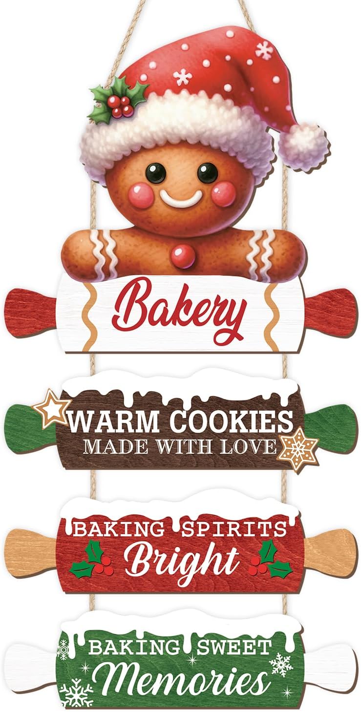CHDITB Wooden Gingerbread Bakery Christmas Door Hanger, Rustic Christmas Wall Hanging Sign with