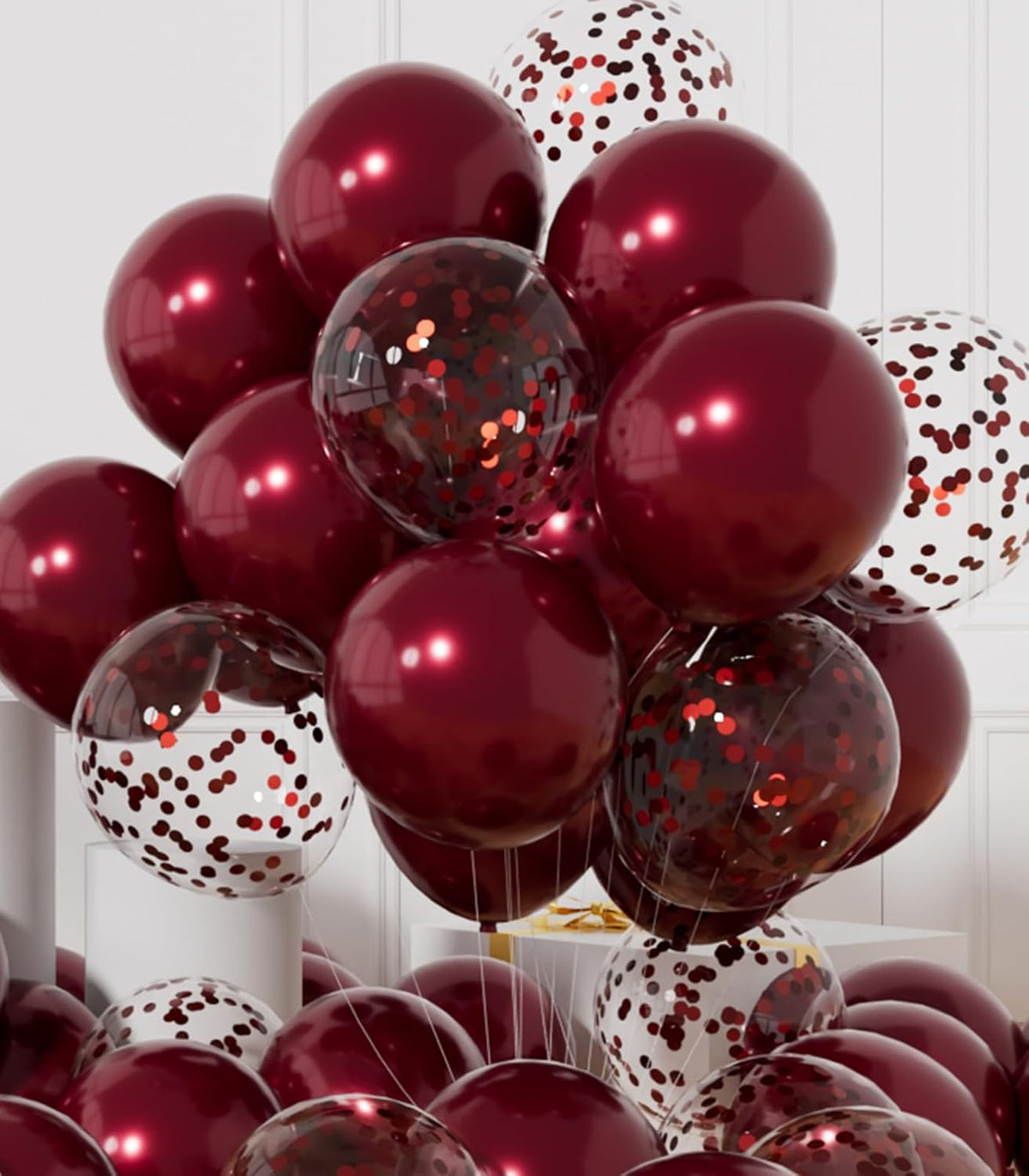 AULE Party Balloons Pack of 42 - Metallic Burgundy Balloons and Confetti Latex Helium Balloons With