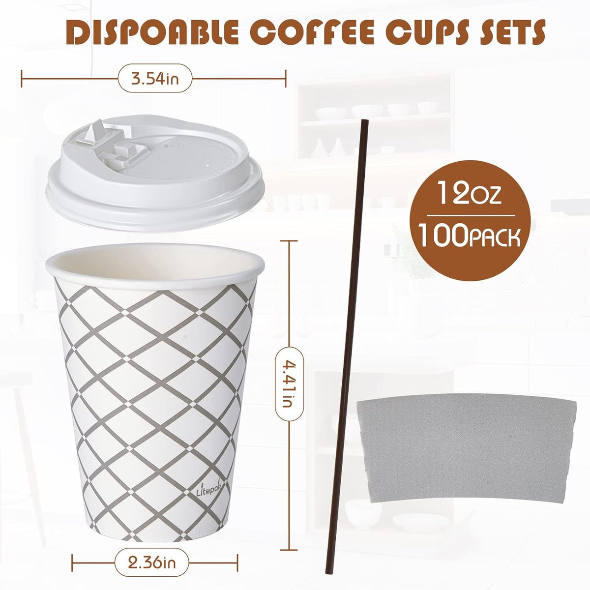 LITOPAK 100 Pack 12 oz Paper Coffee Cups with Lid, Sleeve, and Straws, Four Designs of Disposable