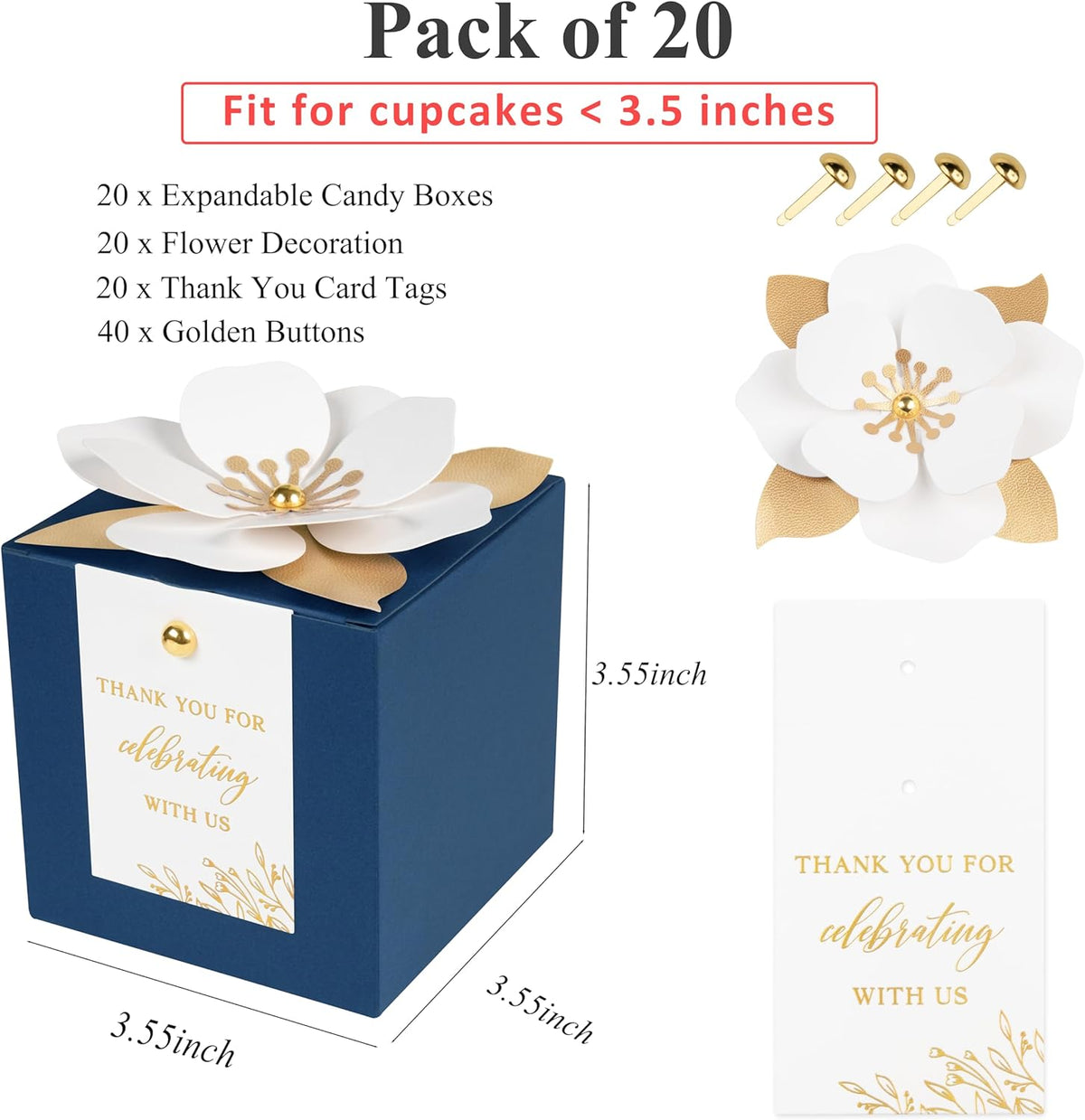 FEIYI 20 PCS Navy Blue Gift Boxes, 3 In 1 Favor Boxes with Floral Decor, White Thank You Tags