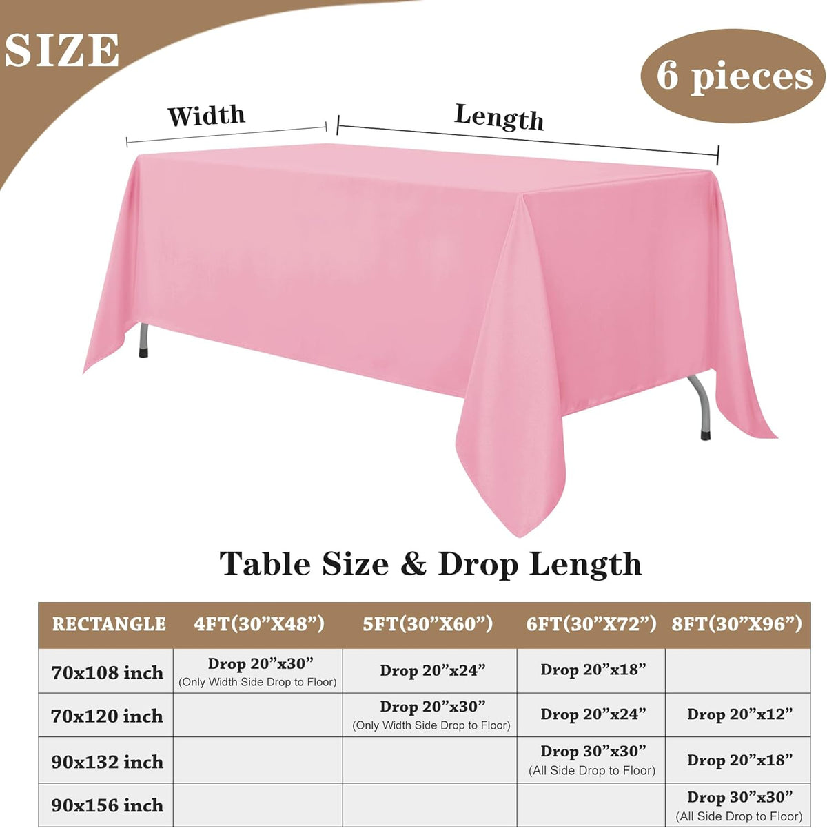 Fitable Pink Rectangle Tablecloths for 6 Foot Tables, 6 Pack - 70 x 108 Inches - Stain Resistant