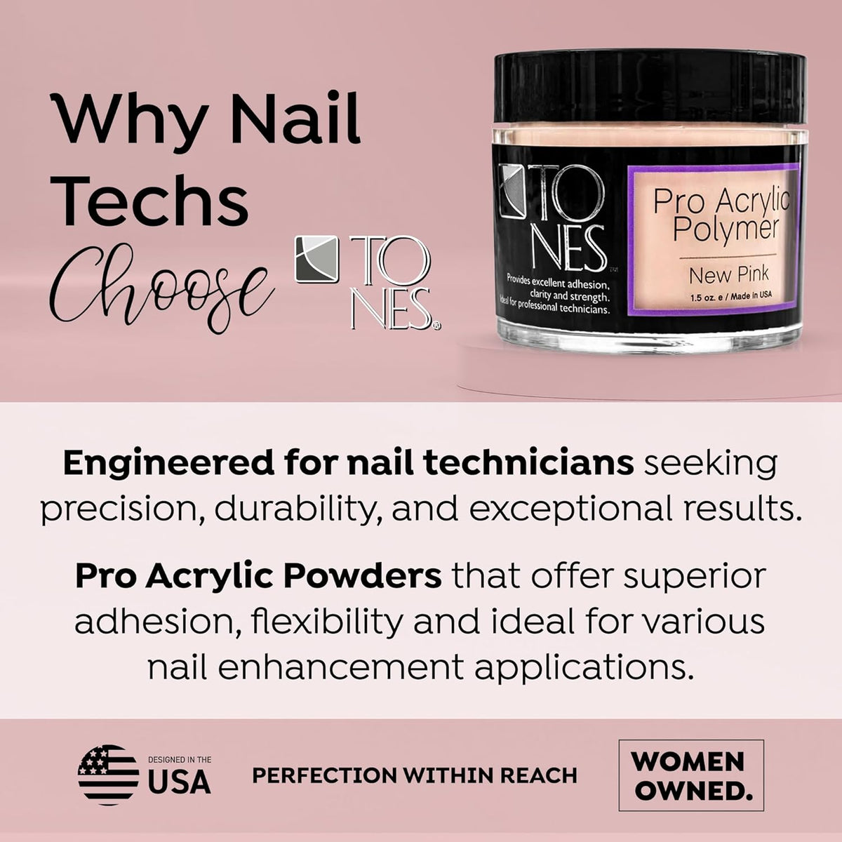 Tones Pro Acrylic Nail Powder, New Pink (Fresh Peach-Toned Pink), (3.5 Fl Oz) - Long-Lasting &