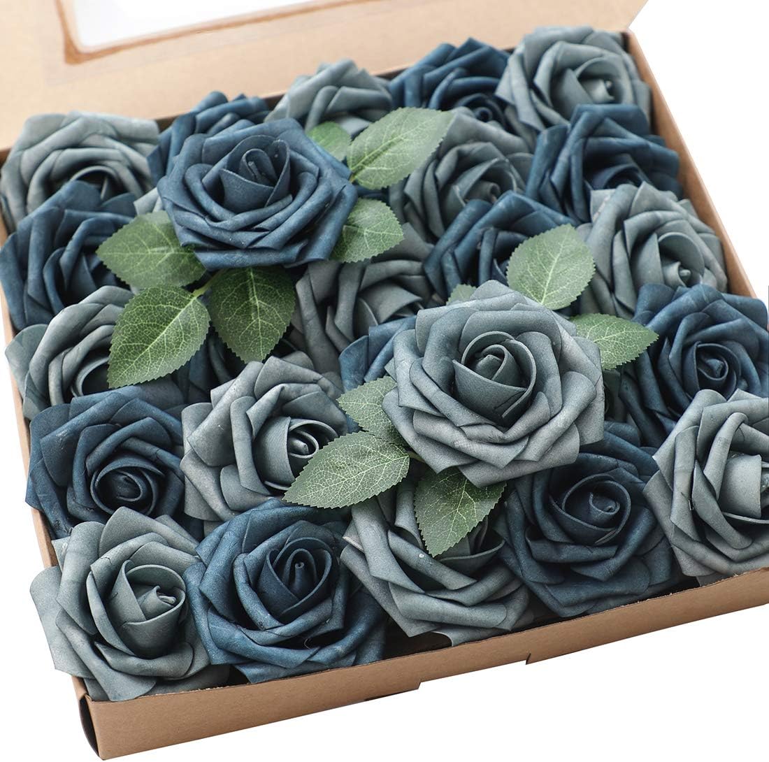 Floroom Artificial Flowers 25pcs Real Looking Dusty Blue Foam Fake Roses with Stems for DIY Wedding