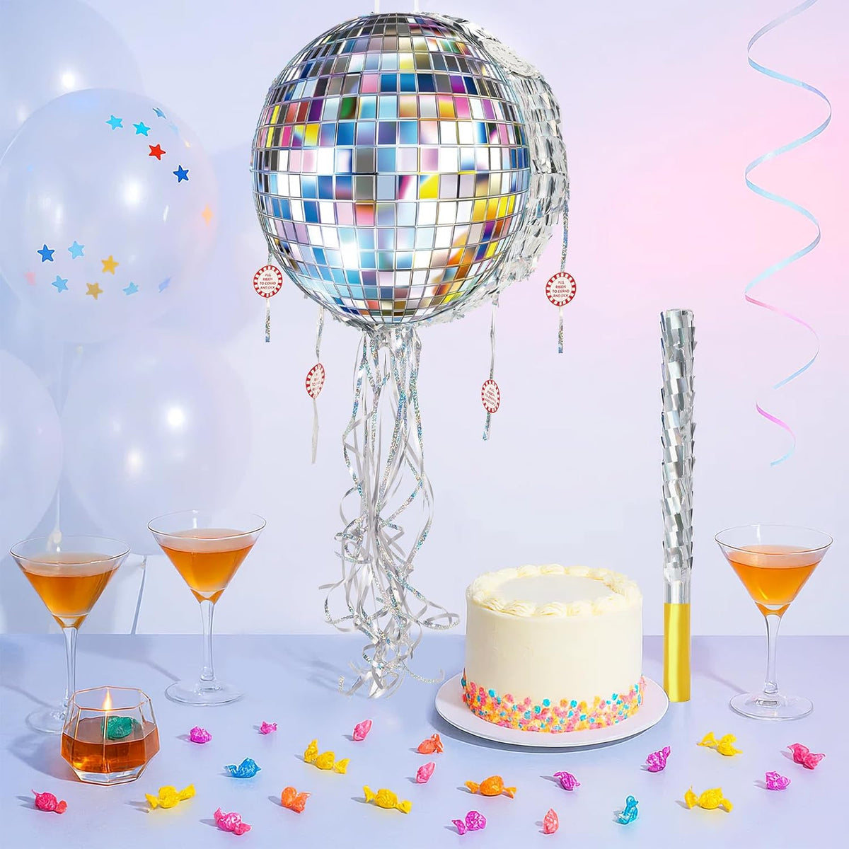 WERNNSAI Disco Ball Piñata - Disco Party Decoration Pull String Mirror Piñata with Bat and