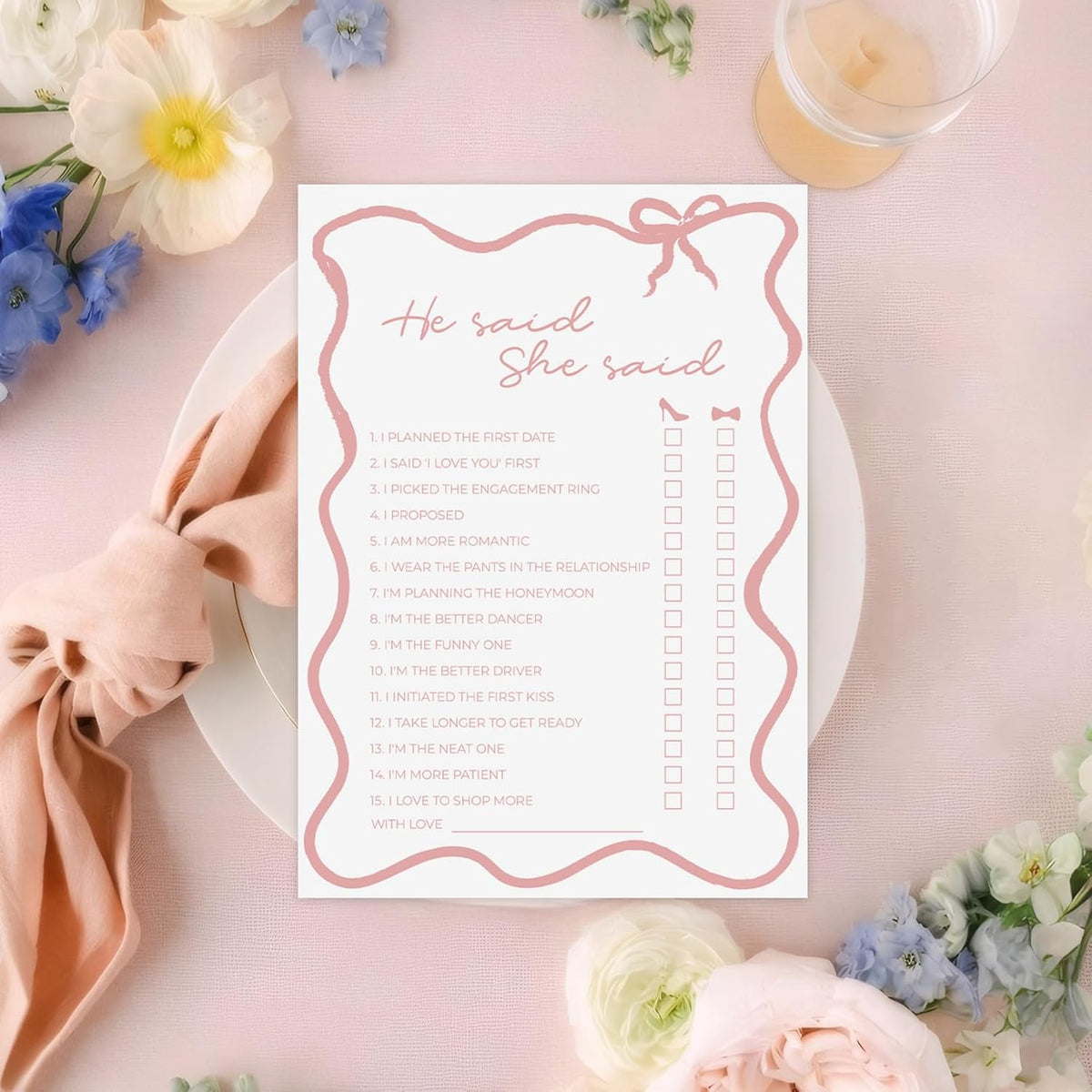 DEEKA 30 PCS Bridal Shower Games Card for 30 Guests White Pink Wavy Border Ribbon Bow Funny Wedding