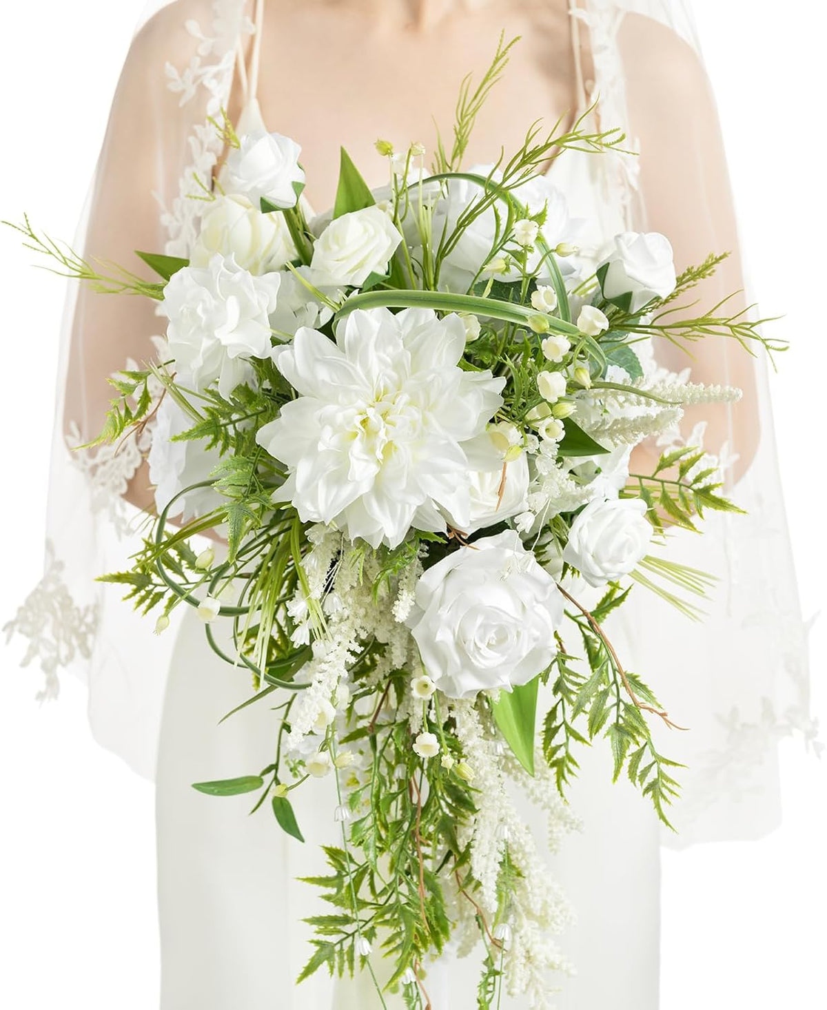 Ling's moment White Green Bridal Bouquet for Bride, White Green Wedding Bouquets for Bride, 13 Inch