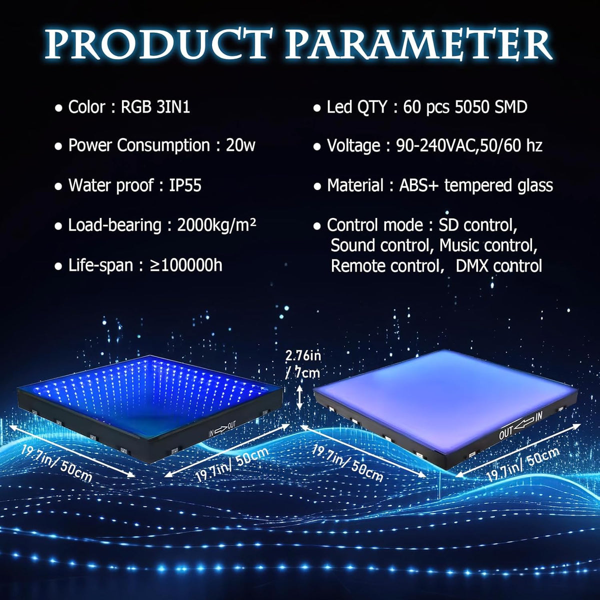 Dance Floor Stage Lights-Tempered Glass with Flight Case - RGB Color Changing Lights for Wedding