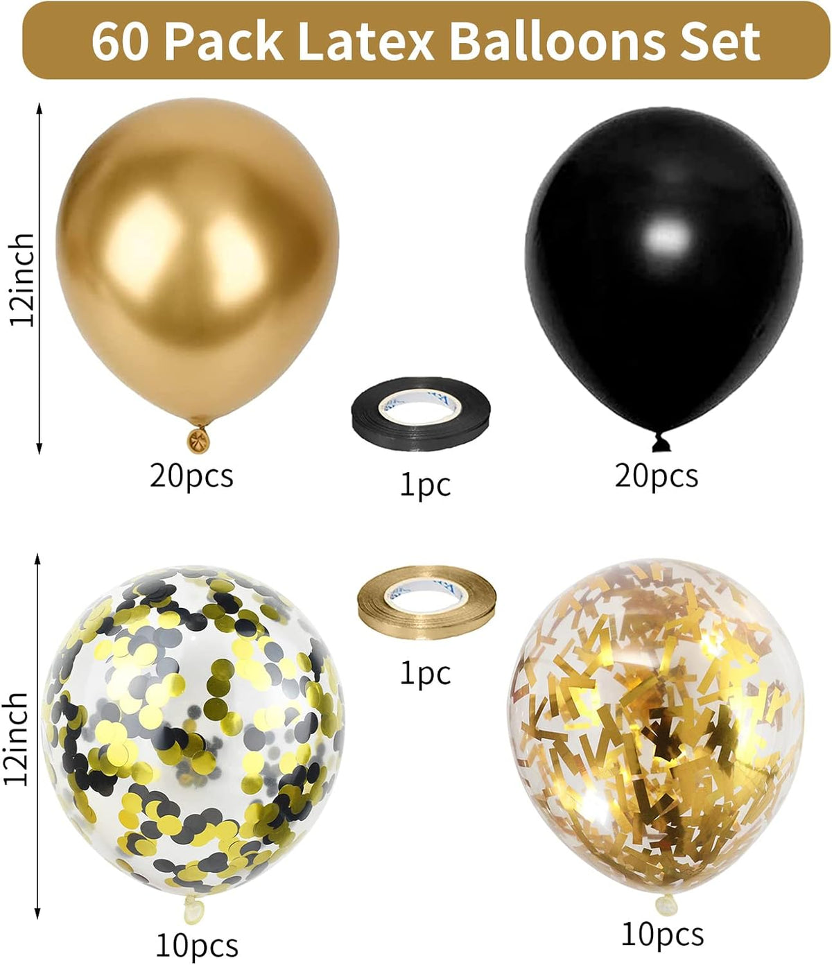 Balloons Black Gold, 60 Packs 12 Inch Black Metallic Chrome Gold Latex Balloons with Gold Confetti