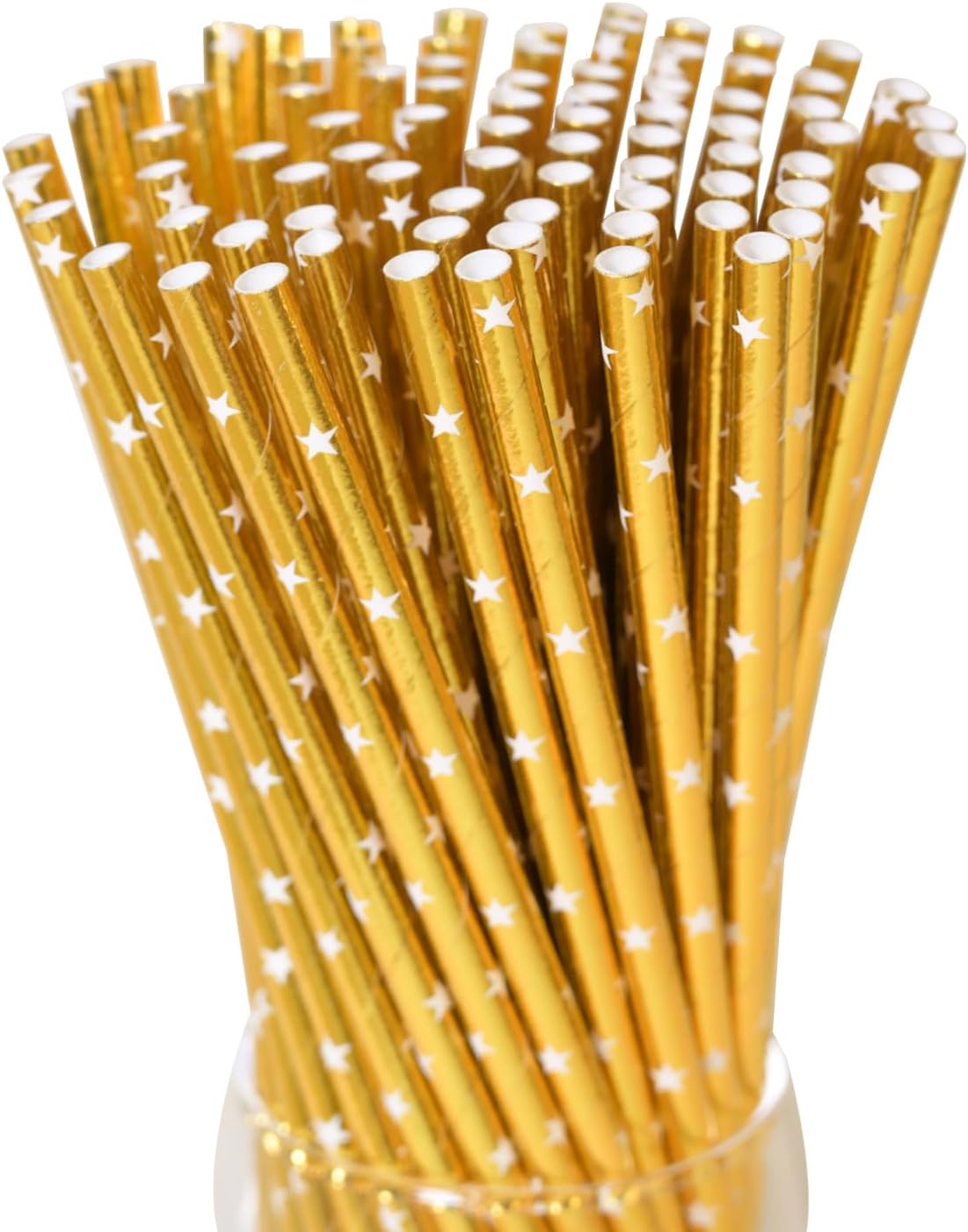 Gold Drinking Straws - Disposable White Star Print Foil Gold Biodegradable Paper Straws, 7.75 Inch